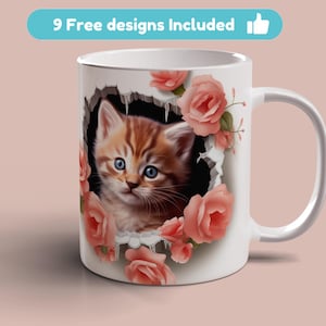 3D Kitten Vintage Roses Hole in Wall Mug Wrap, 11oz 15 oz Mug Template, Kitten Roses Sublimation Design, Instant Digital Download PNG