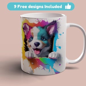 3D Colorful Puppy Hole in Wall Mug Wrap, 11oz 15oz Mug Template, Puppy Colour Sublimation Design, Mug Template Instant Digital Download PNG