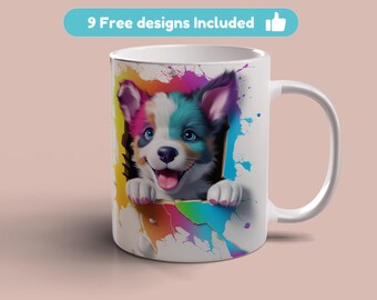 3D Colorful Puppy Hole in Wall Mug Wrap, 11oz 15oz Mug Template, Puppy Colour Sublimation Design, Mug Template Instant Digital Download PNG
