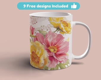 Pink Yellow Flowers Music Notes Mug Wrap 11oz 15oz Mug Template Floral Mug Sublimation Design Mug Wrap Template Instant Digital Download PNG