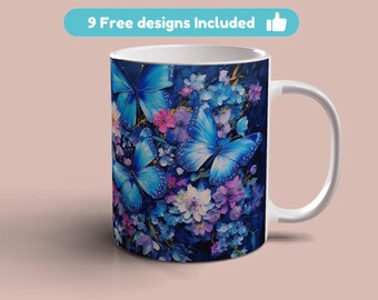 Blue Butterflies Flowers Mug Wrap, 11oz 15oz Mug Template, Butterfly Mug Sublimation Design, Mug Wrap Template Instant Digital Download PNG