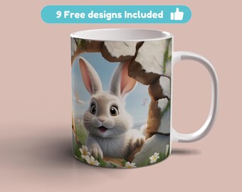 3D Rabbit Mug Wrap, 11oz 15oz Mug Template, 3D Rabbit Mug Sublimation Design, 3D Rabbit Mug Wrap Template, Instant Digital Download PNG