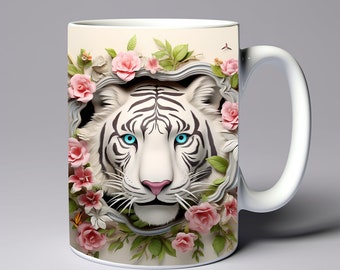 3D White Tiger Hole In A Wall Mug Wrap 11oz 15oz Mug Template 3D Mug Sublimation Design 3D Mug Wrap Template Instant Digital Download PNG