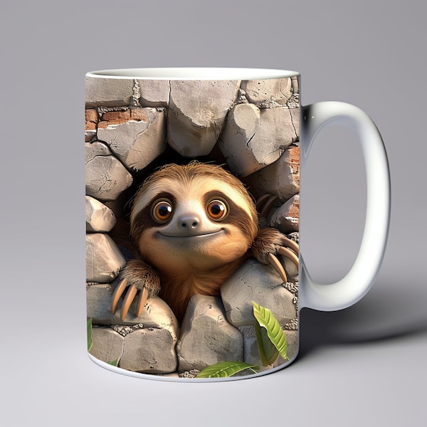 3D Sloth Hole In A Wall Mug Wrap 11oz 15oz Mug Template 3D Mug Sublimation Design 3D Cracked Mug Wrap Template Instant Digital Download PNG