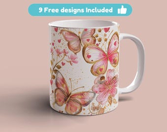 Gold Butterfly Flower Mug Wrap 11 15oz Mug Template Mug Sublimation Design Colorful ButterFly Mug Wrap Template Instant Digital Download PNG