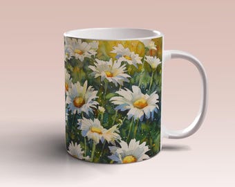 May include: White ceramic mug with a design of white daisies with yellow centers on a green background.