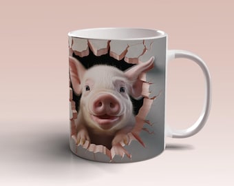 3D Pig Hole in Wall Mug Wrap 11oz 15 oz Mug Template 3D Pig  Sublimation Design 3D Pig Portrait Coffee Mug Wrap Instant Digital Download PNG