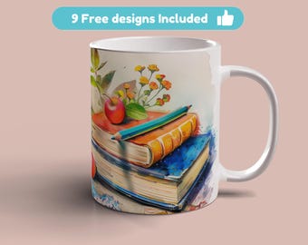 Colorful Books Best Teacher Mug Wrap, 11oz 15oz Mug Template Mug Sublimation Design, Best Teacher Mug Template Instant Digital Download PNG