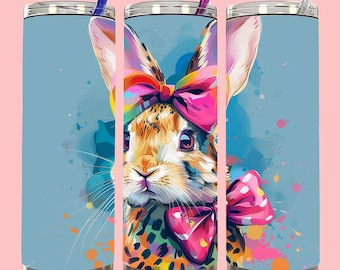 Colorful Easter Rabbit With Bow 20 oz Skinny Tumbler Sublimation Design Rabbit Straight Tapered Tumbler Wrap Instant Digital Download PNG
