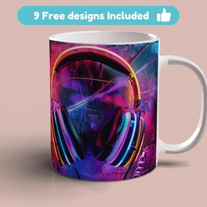 May include: White ceramic mug with a colorful design of headphones with neon lights. The design features a mix of pink, purple, blue, and yellow colors.