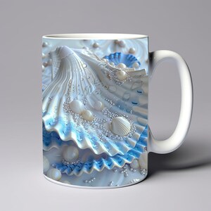 May include: White ceramic mug with a blue and white seashell design. The mug is decorated with pearls and seashells.