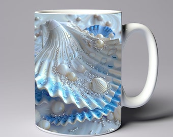 3D White Blue Seashells Pearls Mug Wrap 11oz 15oz Mug Template Mug Sublimation Design Pearls Mug Wrap Template Instant Digital Download PNG