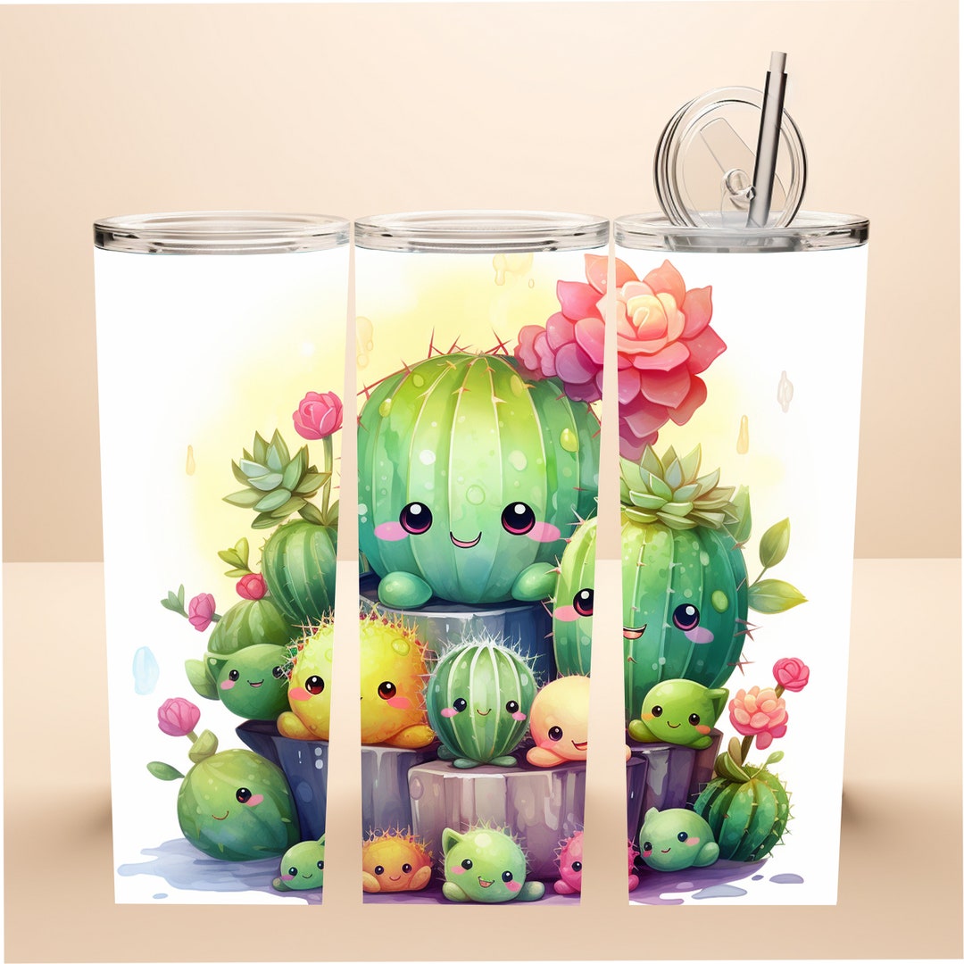 Watercolor Kawaii Cactus Sublimation Design, 20 Oz Skinny Tumbler ...