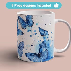 Acquerello Farfalle Blu Tazza Wrap 11oz 15oz Tazza Modello Tazza Sublimazione Design Tazza Farfalla Blu Modello Tazza Download Digitale Istantaneo PNG