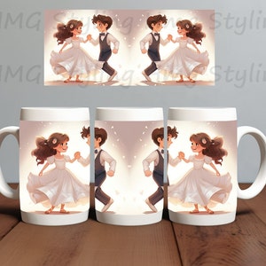 May include: A white ceramic mug with a handle features a colorful illustration of a couple dancing. The girl is wearing a white dress and the boy is wearing a black suit. The background is a soft pink with white confetti.