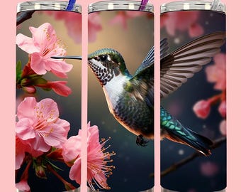 3D Hummingbird with Pink Flowers 20 oz Skinny Tumbler Sublimation Design Tumbler Straight Tapered Tumbler Wrap Instant Digital Download PNG