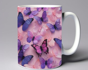 Pink Purple Butterflies Mug Wrap 11oz 15oz Mug Template Mug Sublimation Design Colorful Butterfly Mug Template Instant Digital Download PNG
