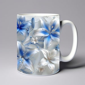 3D Blue White Lilies Flowers Mug Wrap 11oz 15oz Mug Template Mug Sublimation Design Lilies Mug Wrap Template Instant Digital Download PNG