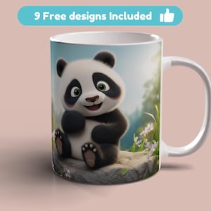 May include: White ceramic mug featuring a black and white cartoon panda sitting on a rock with flowers. The panda is smiling and holding its paws together. The mug has a handle on the right side.
