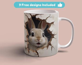 3D Rabbit Hole In A Wall Mug Wrap, 11oz 15oz Mug Template, 3D Mug Sublimation Design, Rabbit Mug Wrap Template, Instant Digital Download PNG