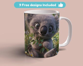 3D Koala Daisies Flowers Mug Wrap, 11oz 15oz Mug Template, 3D Koala Mug Sublimation Design, Mug Wrap Template, Instant Digital Download PNG