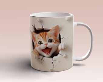 3D Cat Mug Wrap, 11oz 15oz Mug Template, 3D Cat Mug Sublimation Design, 3D Cat Mug Wrap Template, Instant Digital Download PNG