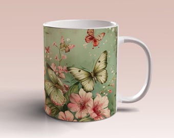 Vintage verde rosa mariposa flores taza envoltura 11oz 15oz taza plantilla taza sublimación diseño taza verde plantilla instantánea descarga digital PNG