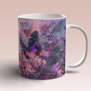 Pink Purple Flowers Butterflies Mug Wrap 11oz 15oz Mug Template Floral Mug Sublimation Design Mug Wrap Template Instant Digital Download PNG