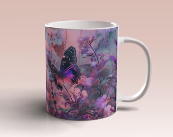Pink Purple Flowers Butterflies Mug Wrap 11oz 15oz Mug Template Floral Mug Sublimation Design Mug Wrap Template Instant Digital Download PNG