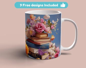 Flowers on Books Mug Wrap, 11oz 15oz Mug Template, Books Flowers Coffee Mug Sublimation Design, Template, Instant Digital Download PNG