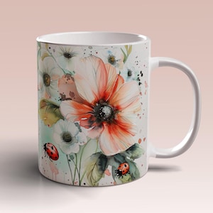 Watercolor Ladybug Flowers Mug Wrap 11oz 15oz Mug Template Mug Sublimation Design Watercolor Mug Template Instant Digital Download PNG