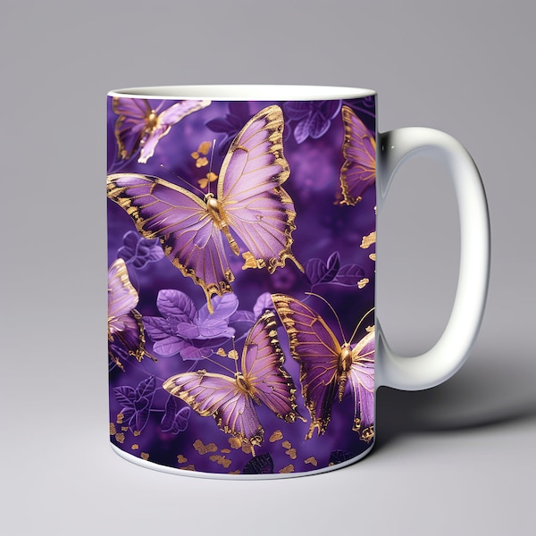 Gold Purple Butterflies Mug Wrap 11oz 15oz Mug Template Mug Sublimation Design Butterflies Mug Wrap Template Instant Digital Download PNG