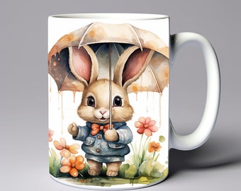 Watercolor Rabbit Umbrella Mug Wrap 11oz 15oz Mug Template Rabbit Mug Sublimation Design Rabbit Mug Wrap Template Instant Digital Download