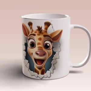 3D Giraffee Mug Wrap 11oz 15oz Becher Vorlage Becher Sublimation Design Cartoon Giraffee Loch in der Wand Wrap Vorlage Sofortiger digitaler Download PNG