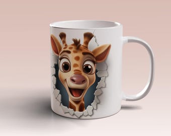 3D Giraffee Mug Wrap 11oz 15oz Mug Template Mug Sublimation Design Cartoon Giraffee Hole In Wall Wrap Template Instant Digital Download PNG