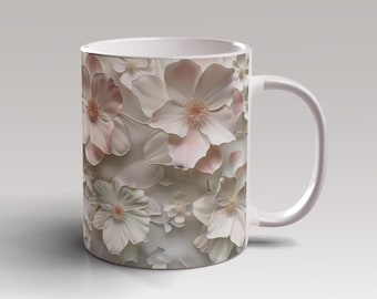 3D White Pink Flowers Hole In A Wall Mug Wrap 11oz 15oz Mug Template 3D Mug Sublimation Design Mug Wrap Template Instant Digital DownloadPNG