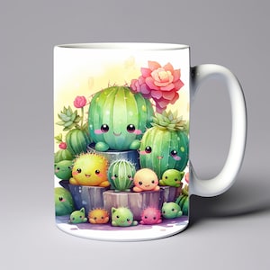 Aquarelle Kawaii Cactus Mug Wrap 11 oz 15 oz Modèle de tasse Mug sublimation design Cactus Mug à café Wrap Modèle Téléchargement numérique instantané PNG