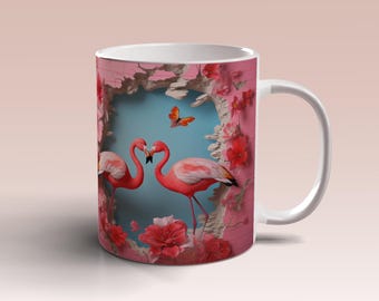 3D Flamingo Flowers Hole In A Wall Mug Wrap 11oz 15oz Mug Template Mug Sublimation Design Mug Wrap Template Instant Digital Download PNG