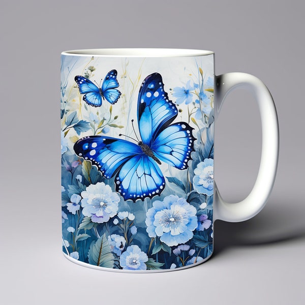 Blue Butterflies Flowers Mug Wrap 11oz 15oz Mug Template Butterfly Mug Sublimation Design Mug Wrap Template Instant Digital Download PNG