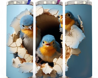Baby Birds Hole in Wall 20 oz Skinny Tumbler Sublimation Design Cute Blue Birds Straight Tapered Tumbler Wrap Instant Digital Download PNG