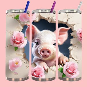 Baby Pig Vintage Rose Hole In Wall 20 oz Skinny Tumbler, Sublimation Design Pig, Straight Tapered Tumbler Wrap, Instant Digital Download PNG
