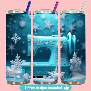 3D Sewing Machine in Winter, 20 oz Skinny Tumbler Sublimation Design, Sewing Snow Straight Tapered Tumbler Wrap Instant Digital Download PNG
