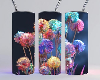 3D coloridos dientes de león 20 oz flaco vaso sublimación diseño dientes de león vaso recto cónico vaso envoltura instantánea descarga digital PNG