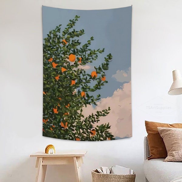 Orange Tree Oil Painting Tapestry,BlueSky and White Clouds Wall Hanging,Landscape Wall Tapestry,Aesthetic Tapestry,Mandarin Background Cloth