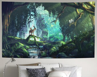 Tapiz de bosque, tapiz de ciervo, tapiz psicodélico, tapiz de paisaje, arte de pared moderno, tapiz para dormitorio universitario, decoración de pared para dormitorio