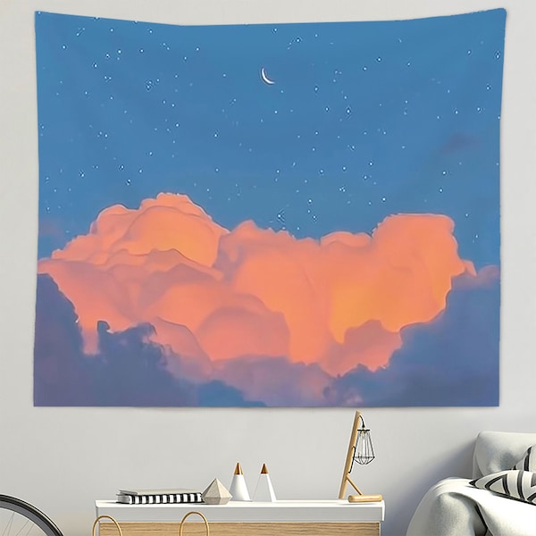 Pink Cloud Tapestry,Moon and Star Tapestry Wall Hanging,Fantasy Landscape Tapestry,Aesthetic Tapestry,Art Home Wall Decor,Background Cloth