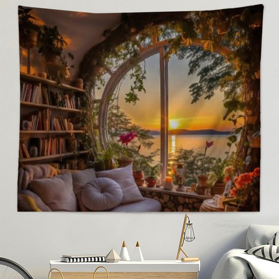 Window Scenery Tapestry garden Plants Wall Hanging aesthetic Tapestry outside the Window Sunset Landscape Background Cloth wall Blanket gift Etsy