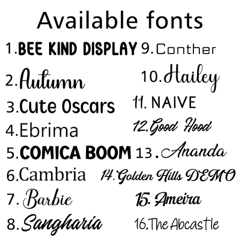 K&ouml;nnte beinhalten: Auf wei&szlig;em Hintergrund wird eine Liste von 16 Schriftarten angezeigt. Der Text "Available fonts" steht oben. Jede Schriftart ist nummeriert und benannt, darunter "BEE KIND DISPLAY", "Autumn", "Cute Oscars" und "COMICA BOOM".