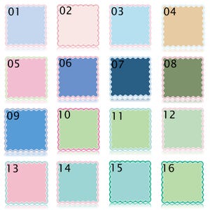 May include: A grid of sixteen colorful square swatches, each with a scalloped border and a number from 01 to 16. The colors include shades of blue, pink, green, and tan. The numbers are in the top left corner of each swatch.