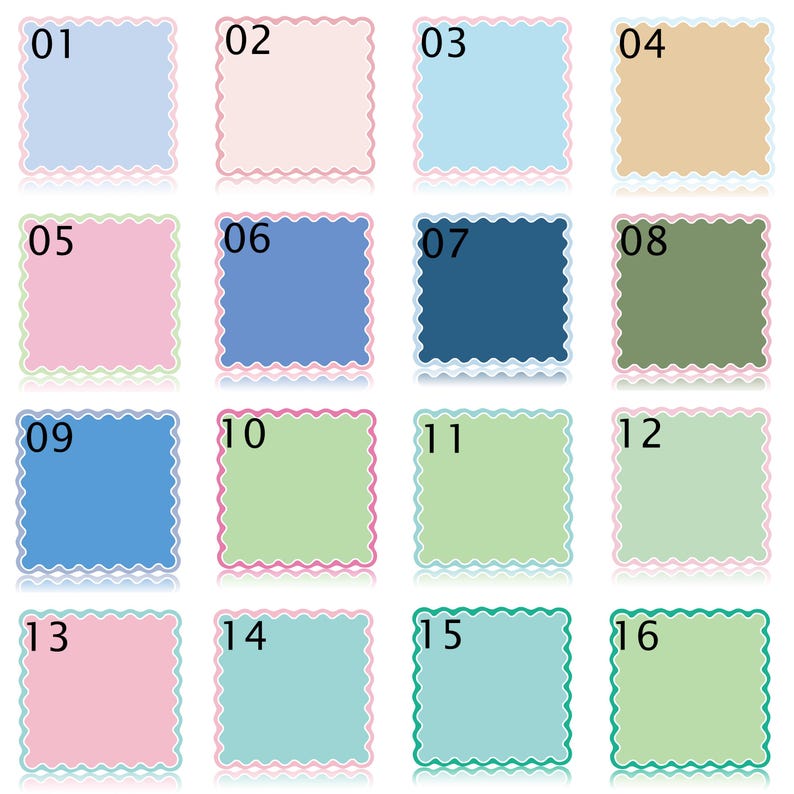 May include: A grid of sixteen colorful square swatches, each with a scalloped border and a number from 01 to 16. The colors include shades of blue, pink, green, and tan. The numbers are in the top left corner of each swatch.